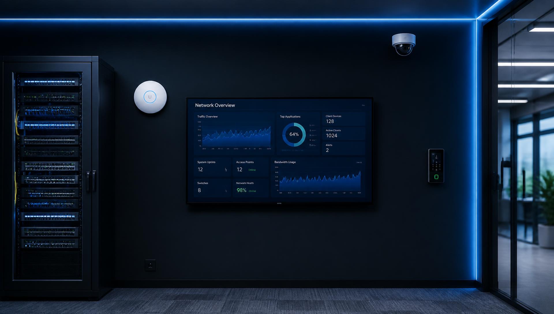 Enterprise technology environment with Wi-Fi access point, CCTV camera, network rack, AV display and access control panel