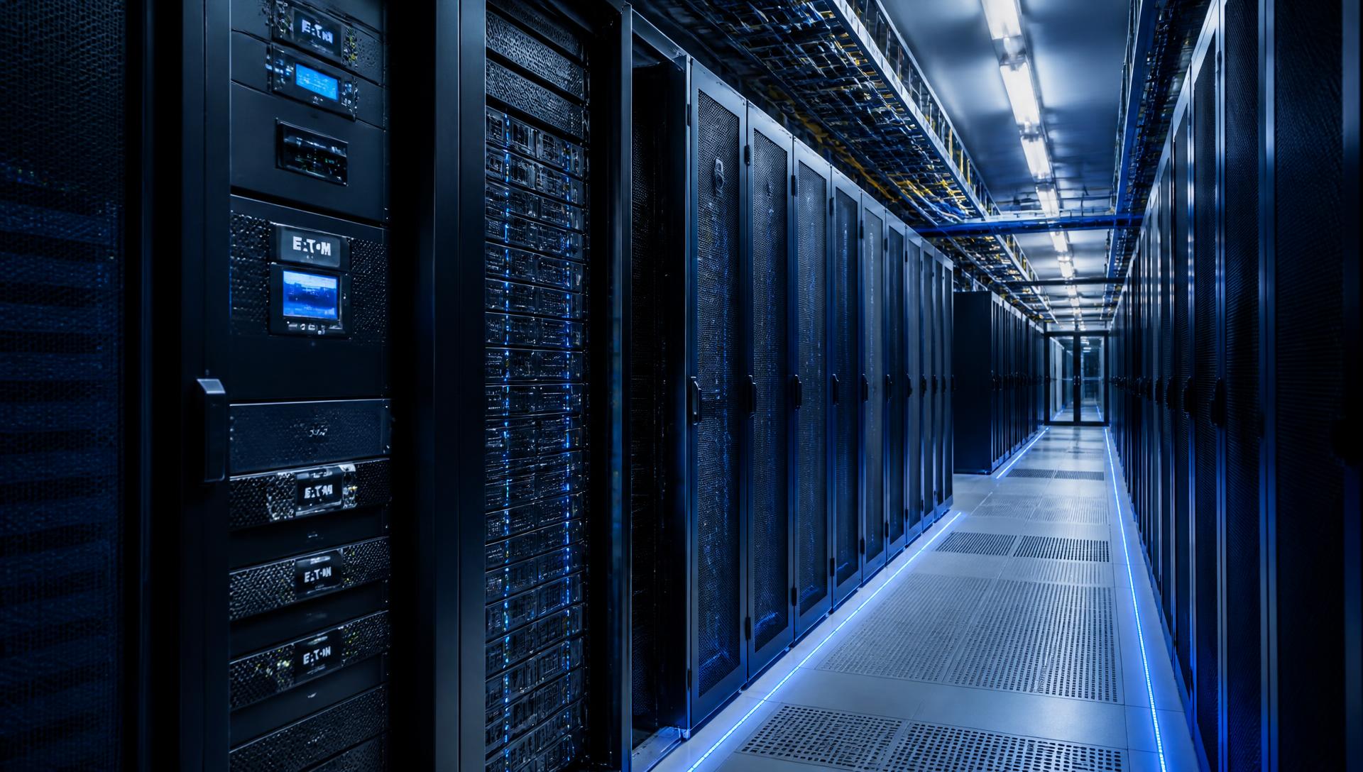 Data centre aisle with enterprise server racks, storage systems and UPS equipment