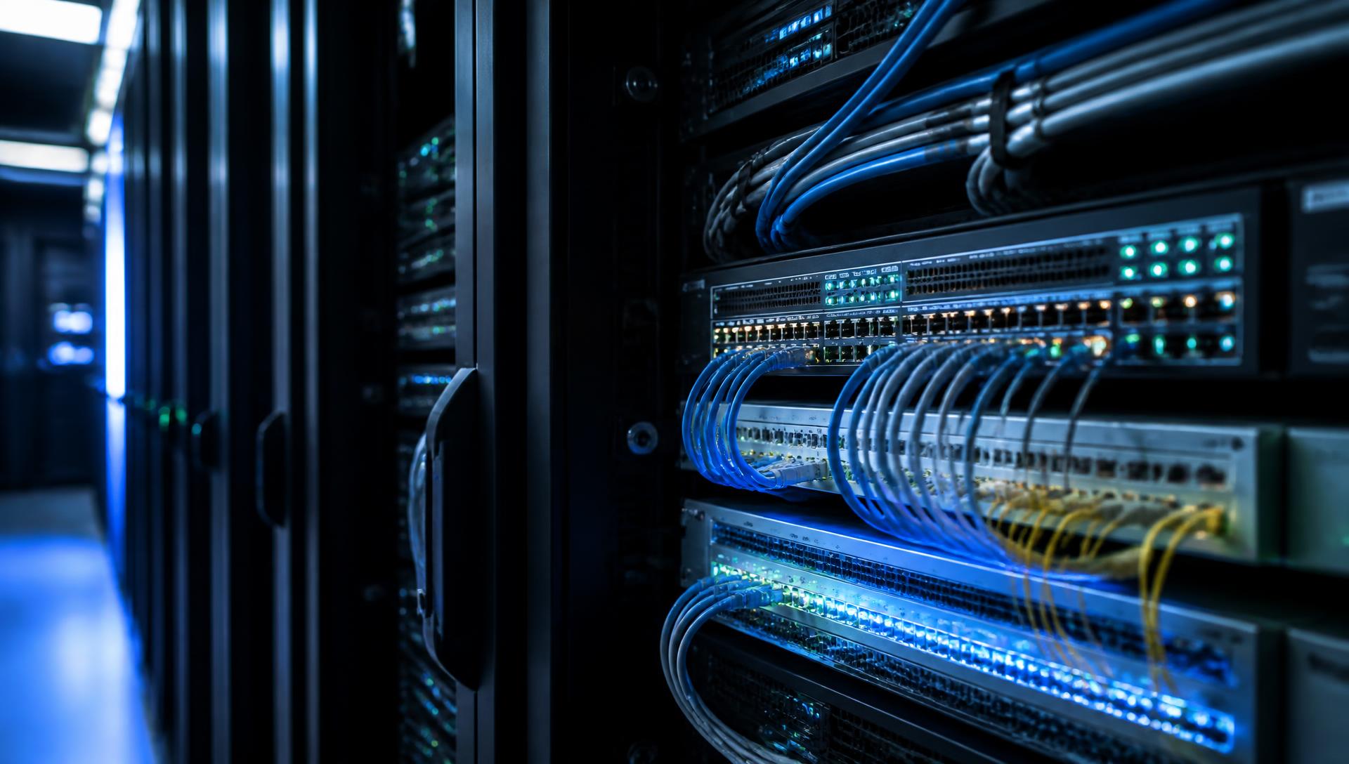 Enterprise network switches, patch panels and fibre cabling in a data centre rack